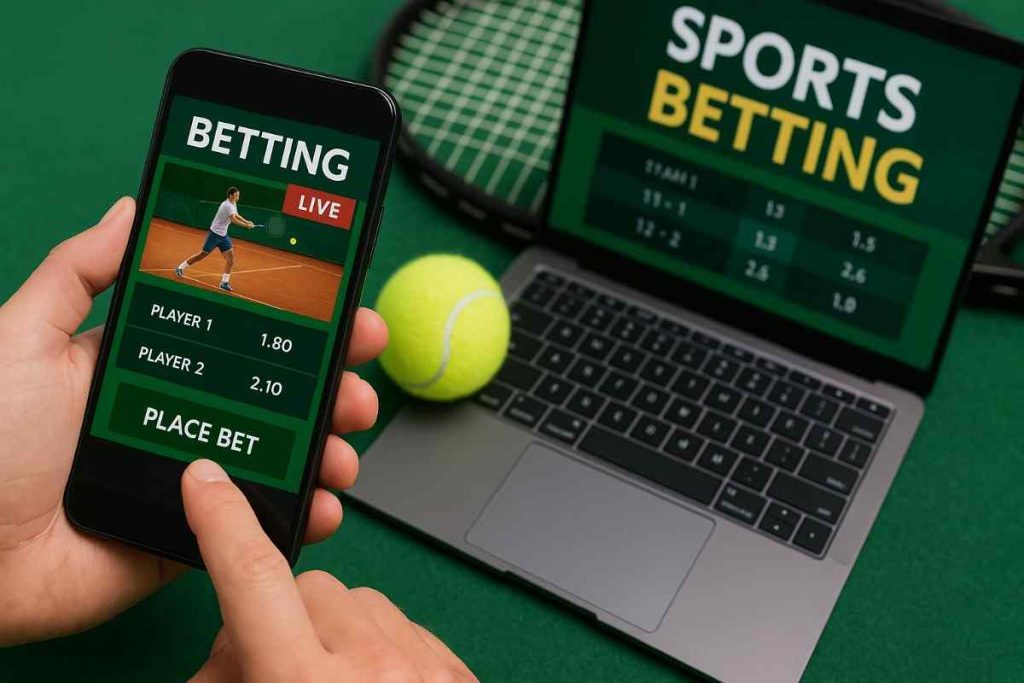 Jogador de tênis realizando saque com quadra iluminada ao fundo