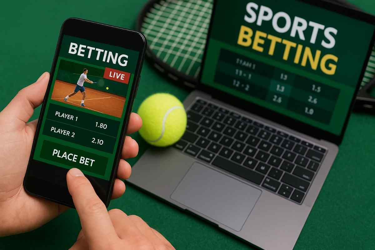 Jogador de tênis realizando saque com quadra iluminada ao fundo